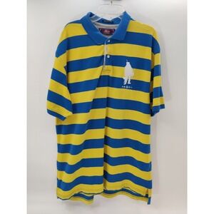 AKOO Mens Striped Polo Shirt Blue Yellow Big Logo Size 2XL Y2K Vintage